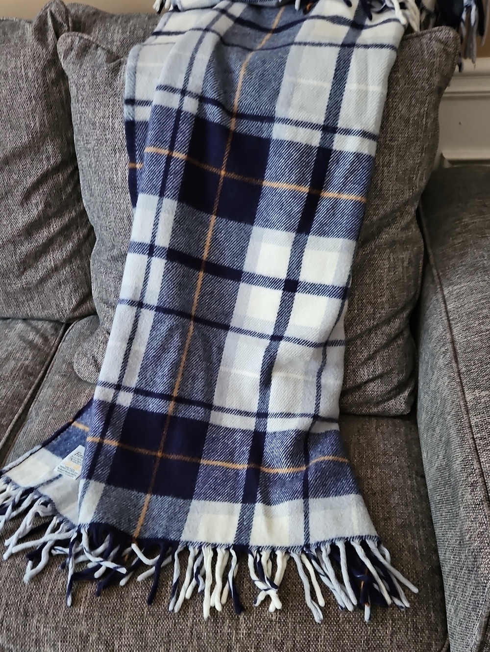 Vintage Faribo Blue Grey Gold Plaid Fringe Throw Stadium Blanket Size 52 X 52